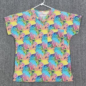 Scrubs Of Key West Scrub Top Womens Small Blue Yellow Pink Pineapples Print